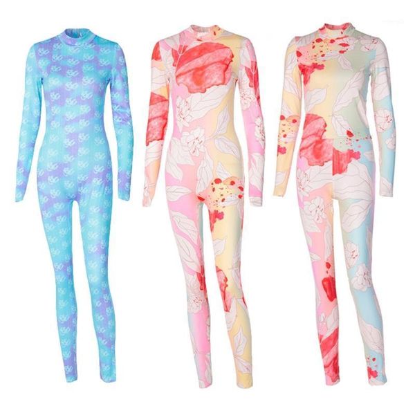 

women long sleeve bodycon jumpsuit turtleneck tie-dye floral irregular printed long pants rompers sports playsuit1, Black;white
