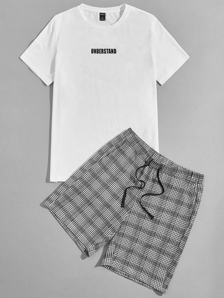 

men letter graphic tee and plaid shorts set k8sf#, Gray