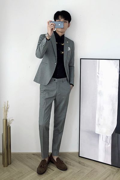

autumn and winter new british style retro slim plaid business casual suit men's suit two-piece trend (+ pants, White;black
