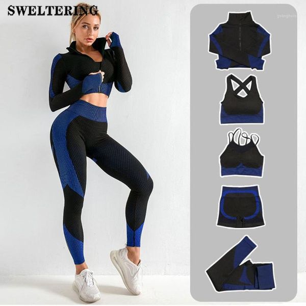 

yoga outfits 2/3/5pcs seamless set women workout sportswear gym clothing fitness long sleeve crop high waist leggings sports suits1, White;red