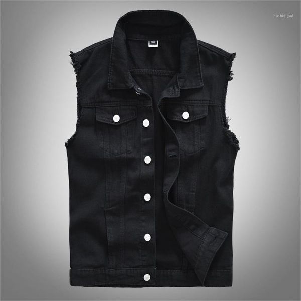 

fashion streetwear men vest slim fit black ripped denim vest men sleeveless punk chaqueta hombre newly hip hop veste1, Black;white
