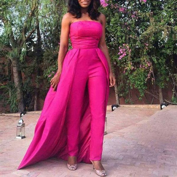 

modest fuchsia strapless jumpsuit prom dresses with overskirt ankle length women's formal outfit custom made celebrity dress1, White;black