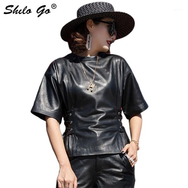 

lace up leather blouses women summer streetwear half sleeve sheepskin genuine leather shirts slim zip female shirt1, Black