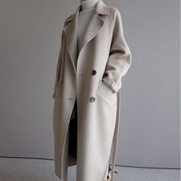 

women's wool & blends winter beige elegant blend women korean fashion black long coats vintage minimalist woolen overcoat camel oversiz