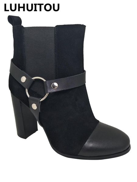 

women`s winter genuine leather boots quality suede fringe ankle boots casual cowboy rivet motorcycle shoes elastic, Black