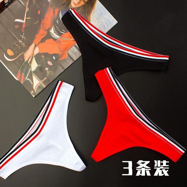 

[3 piece] women's panties cotton sporty stripe wide waist low waist traceless women's briefs thong, Black;pink