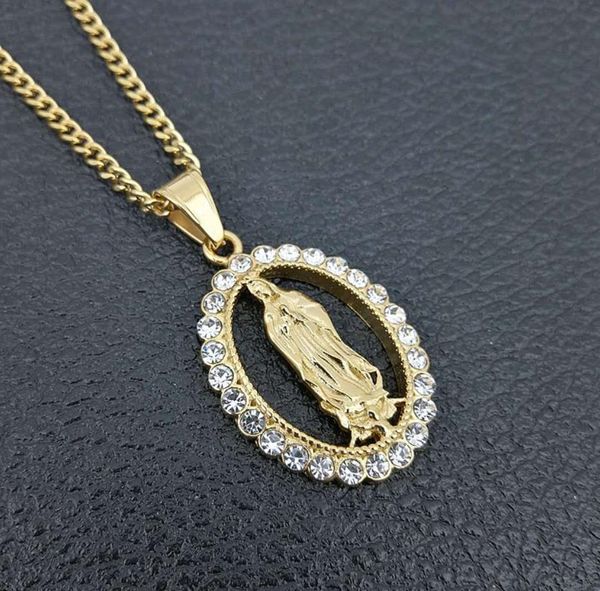 

luxury men hip hop 316l stainless steel virgin mary pendant necklaces whit rhinestone fashion men/women hiphop necklace jewelry gifts fashio, Silver