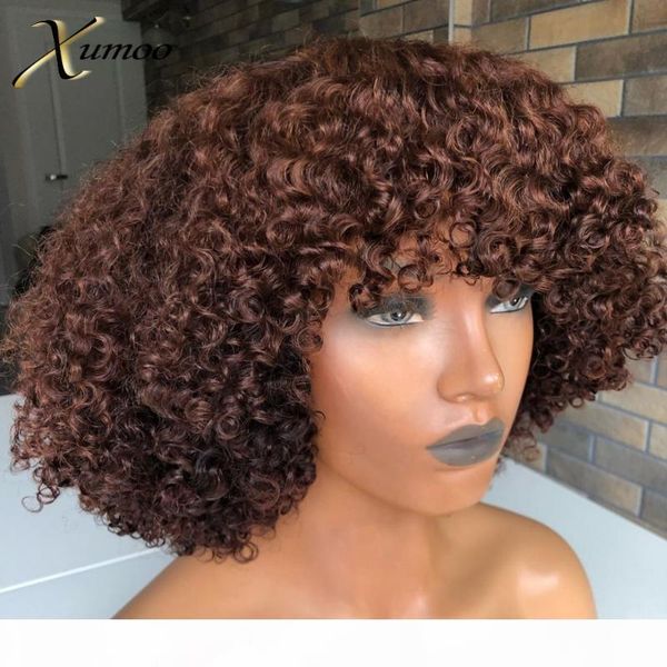 

xumoo high density short bob kinky curly brazilian human hair wig with bangs none lace wig short human hair wigs for black women, Black;brown