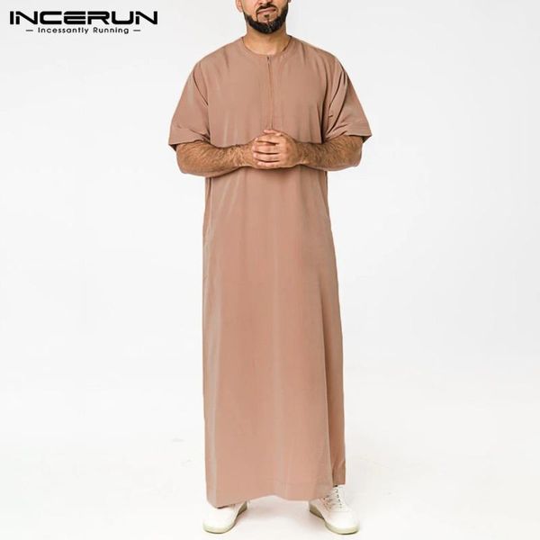 

incerun solid color men muslim islamic kaftan robes short sleeve o neck jubba thobe casual dubai saudi arabia abaya men clothes, Red