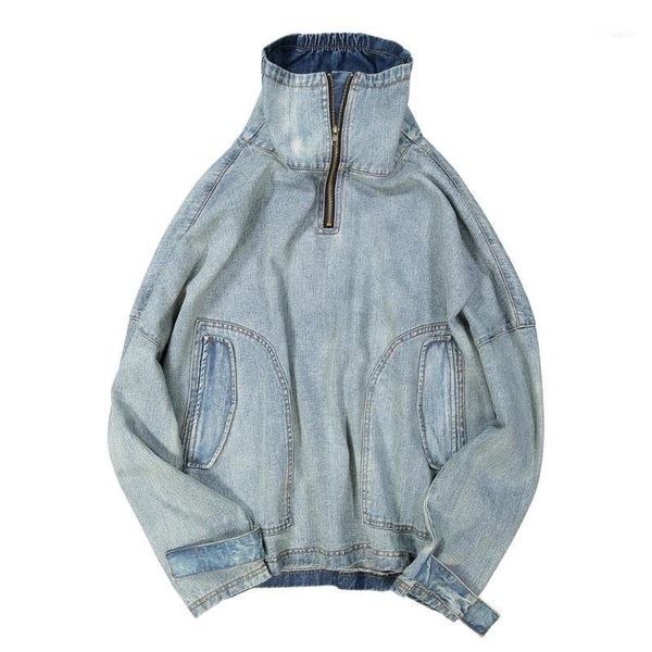 

men's oversize denim jacket fashion streetwear hip-hop bleach washing turtleneck jean jacket11, Black;brown