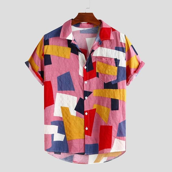 

fashion summer men color block print turn-down collar loose short sleeve shirt blouse men shirt 2020 summer hawaiian loose shirt, White;black