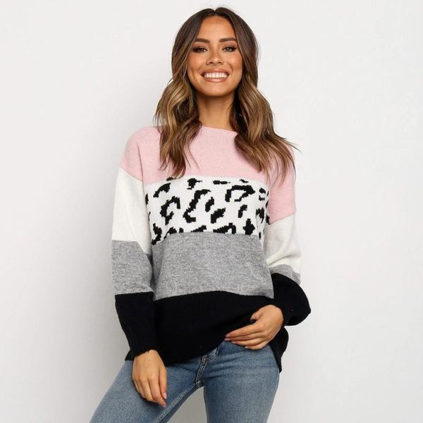 

women's sweaters simple round neck fashion sweater autumn and winter contrast color leopard knit pullover chic ladies sweater1, White;black