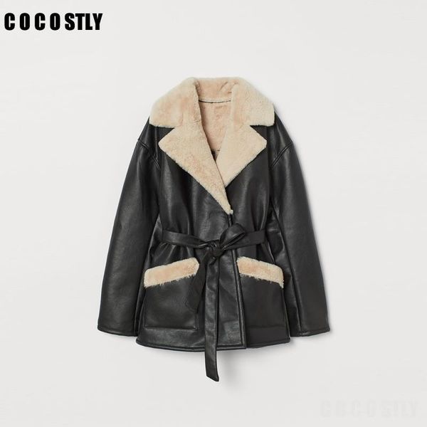 

women's leather & faux winter coat black biker jacket women vintage belt thick warm lamb fur outwear female casual overcoats