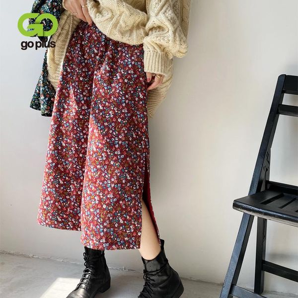 

skirts goplus woman's skirt winter autumn vintage elastic high waist floral mid-calf womans faldas mujer moda 2021, Black