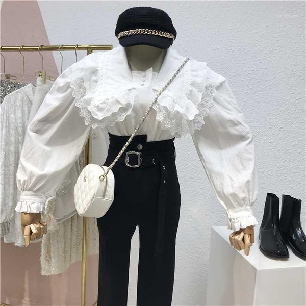 

2020 spring new sweet lace doll collar loose women blouse solid color elegant shirt female long sleeve pullover 1, White
