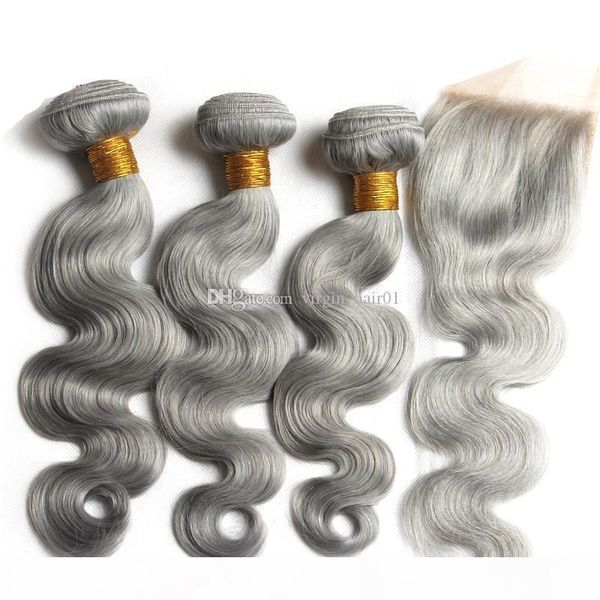 

grey hair with closure virgin human brazilian hair body wave with lace closure bleached knots with baby hair pure color #grey bundles, Black;brown