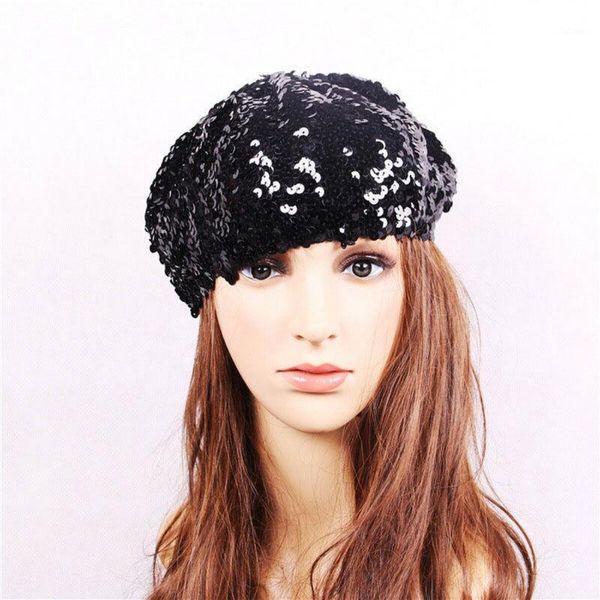 

women sequins hat shiny costume jazz glitter dance beret round cap ladies fashion accessories beanie lady costume stretch party1, Blue;gray