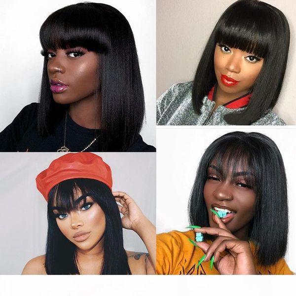 

13x6 lace front human hair wigs with bangs short bob wig pre plucked with baby hair straight frontal wigs remy black, Black;brown