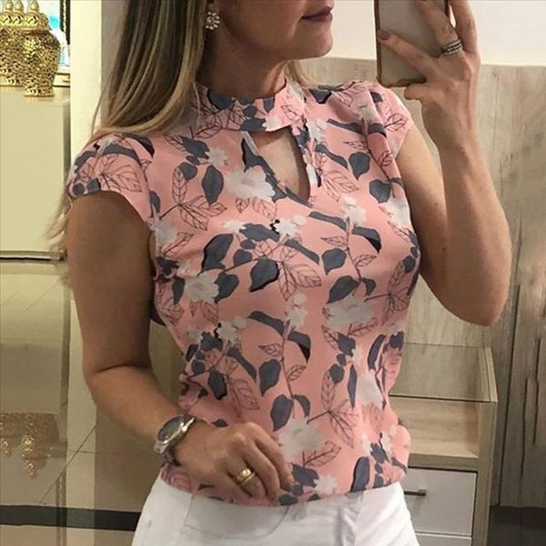 

2021 new blouses woman summer blue pink floral print turtleneck casual blouse women hollow out short sleeve ladies blouses, White