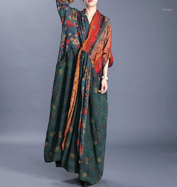 

wom spring printed patchwork dress ladies vintage irregular length dresses female 2020 spliced dress1, Black;gray