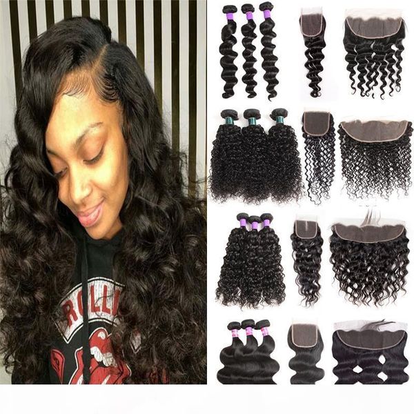 

brazilian loose deep wave human hair with lace frontal closure 13x4 lace frontal with water wave straight body wave kinky curly hair, Black;brown