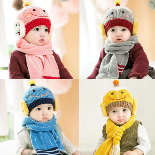 

and winter autumn small robot pencil smile face ear protection children's wool baby hat scarf set cover cap, Red;brown