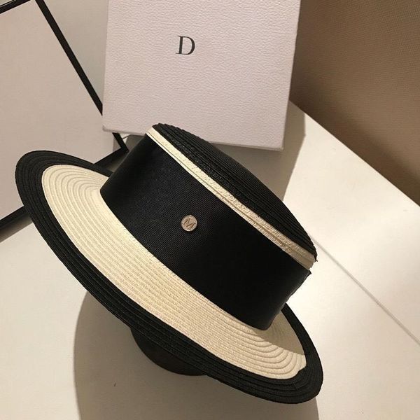 

women black white joint straw hat ribbon letter brim boater hat derby beach sun hat cap lady summer wide brim uv protect hats y200714, Blue;gray