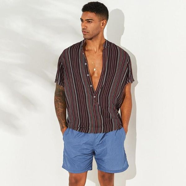 

men summer striped buttons breathable henley shirts short sleeve casual fashion 2020 new beach high street male blouse1, White;black