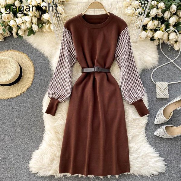 

gaganight vintage patchwork plaid women mini dress puff sleeve o neck spring autumn dresses korean sashes vestidos dropshipping, Black;gray