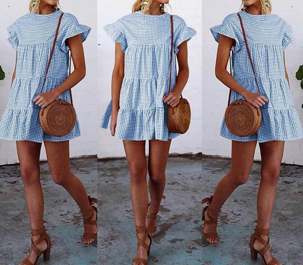 

casual dresses 2021 fashion women plaid print dress ruffles flare sleeve mini a-line short loose1, Black;gray