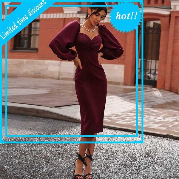 

women vitage soild color bobycon elegant 2021 lent herfst long mouw vestidos v-neck ladies evening party midi dress, Black