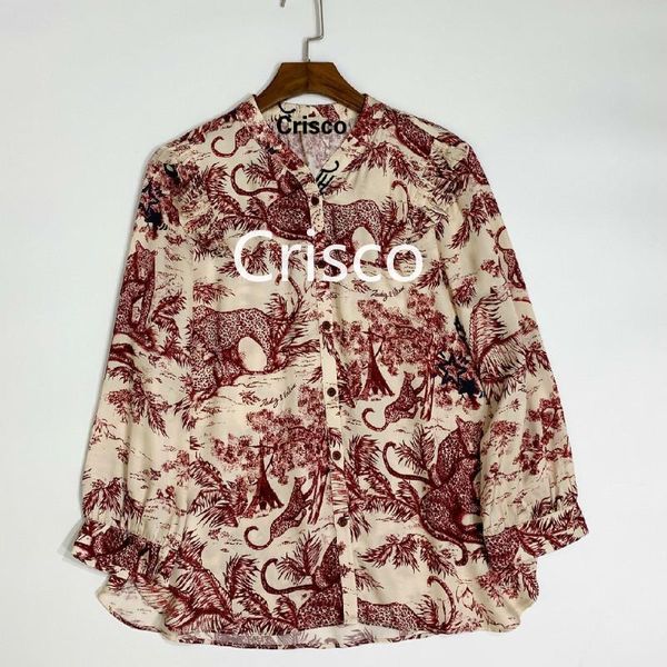 

women shirt red print round neck shirt vintage long sleeve blouse women 2020, White