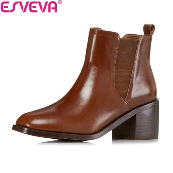

esveva 2020 women boots slip on western style ankle boots square high heels autumn shoes square toe ladies size 34-42, Black
