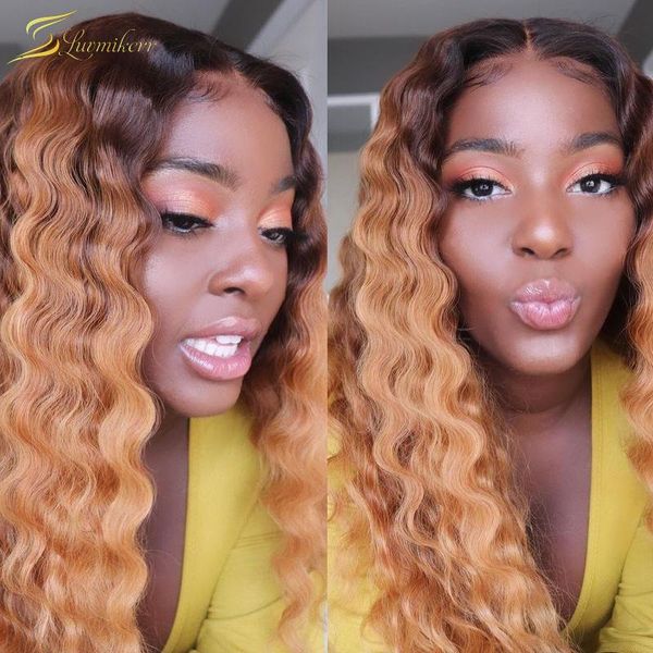 

hd transparent deep wave honey blonde 13x6 lace front wig brown ombre full preplucked human hair wigs for black women frontal, Black;brown