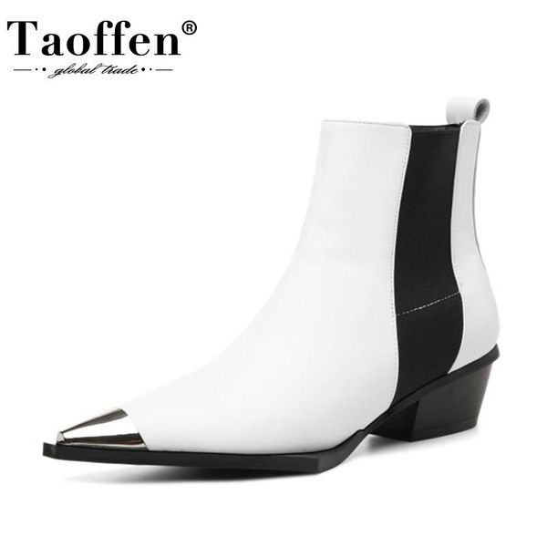 

taoffen women short boots real leather mixed color metal pointed toe ankle boots cool punk short women size 34-43, Black