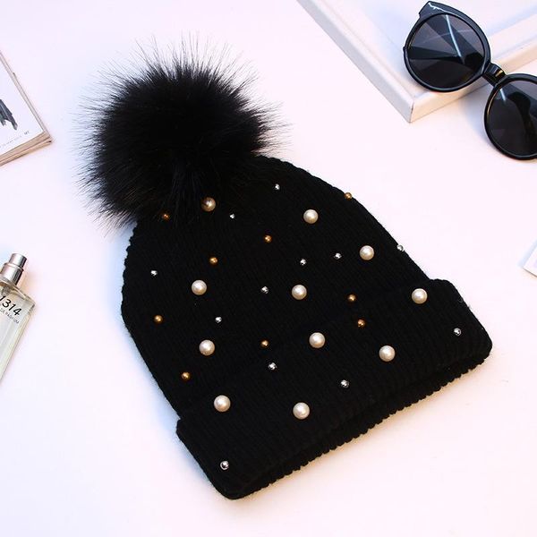 

beanie/skull caps [lakysilk] winter solid beading women beanie red warm soft lady's casual beanies fashion girls knitted hats with pomp, Blue;gray