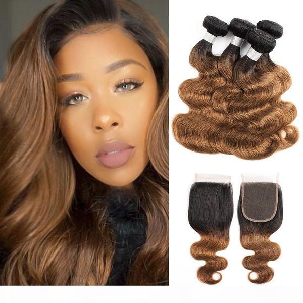 

ombre brown hair bundles with closure color 1b 30 brazilian body wave hair 4 bundles with 4x4 lace closure remy human hair extensions, Black;brown