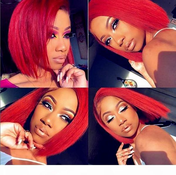

red color full lace human hair wigs silky straight short bob wigs transparent lace with combs for women, Black;brown
