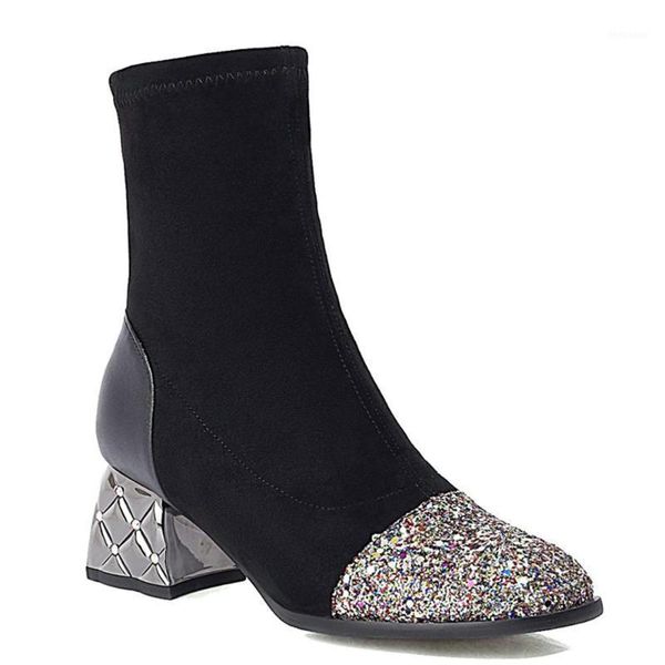 

boots gree sequined cloth stitching flock ankle fashion all-match comfortable stone grain metal heel square toe shoes1, Black