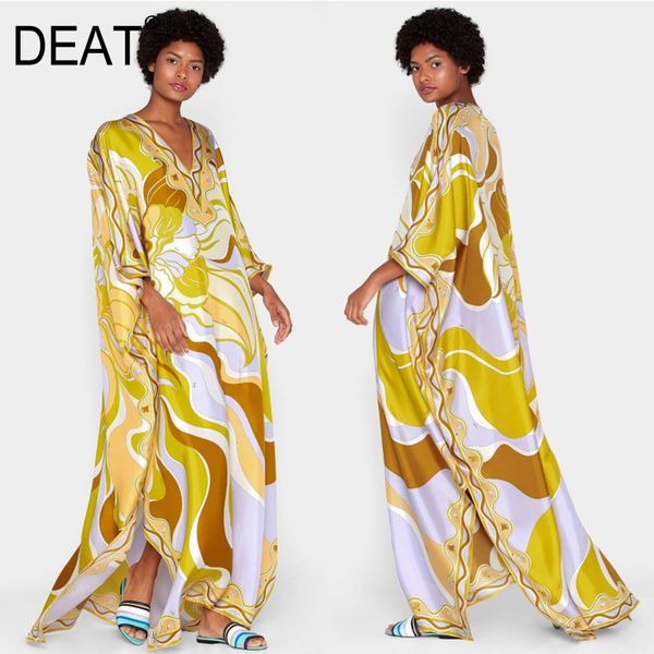 

[deat] bohemian dress women floor length batwing sleeve v collar gold print high elastic silk elegant new autumn tide ar665 y200805, Black;pink