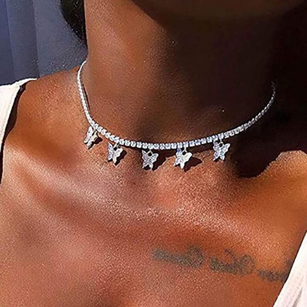 

2021fashion female butterfly necklace sparkling crystal pendant choker necklaces pendants femme chain jewelry gift, Silver