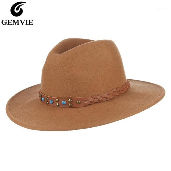

stingy brim hats gemvie wide 100% wool fedora camel felt hat for women/man leather belts warm winter panama jazz cap1, Blue;gray