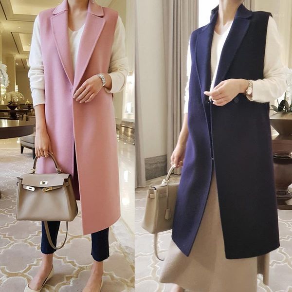 

women's vests pink vest side fork woolen turn down collar medium length single button shrug solid sleeveless women winter office lady1, Black;white