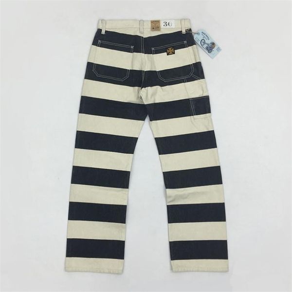 

bob dong 16oz prison pants multi-pockets motorcycle black white striped trousers 201109