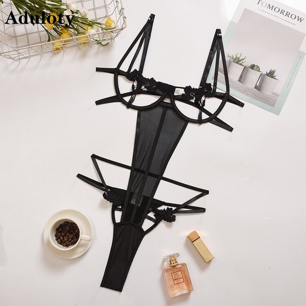 

new women's teddy bodysuit hollow underwire gathered water-soluble applique bra mesh see-through thong one-piece underwear lj201031, Red;black