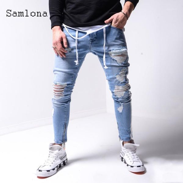 

samlona jeans mens fashion skinny denim pant male 2020 hole ripped pants pantalon male denim jeans patchwork striped trousers1, Blue