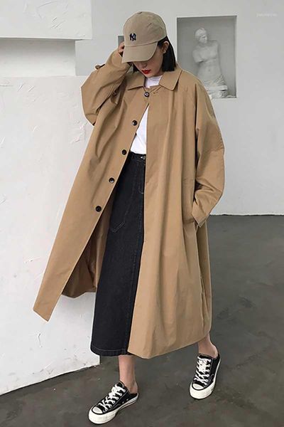 

loose oversize black chic trench coat khaki single-breasted streetwear casual women's coat female long sleeve pocket windbreaker1, White;black