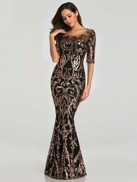 

sequins evening party dress 2020 half sleeve beads formal long evening dresses elegant mermaid black gold robe de soriee lj201125, White;black