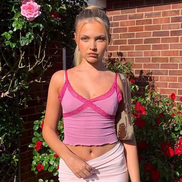 

summer sleeveless lace cami women v neck backless crop tees ladies streetwear spaghetti strap pink s1, White