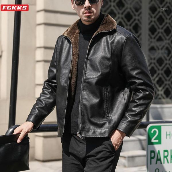 

fgkks brand pu leather jacket men lapel solid color jackets coats men's fashion leather jackets men's clothing1, Black